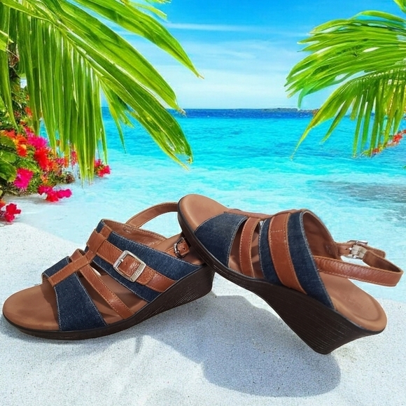 SAS Sandal Womens 8.5 Blue Jean Wedge Strappy Heels Comfort Brown Casual Shoes - Picture 2 of 14